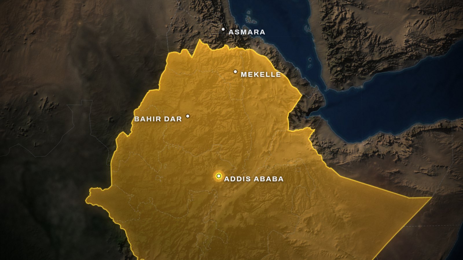 Ethiopia war map: Ethiopia in gold, with Addis Ababa, Bahir Dar and Mekelle marked, and Asmara just across the northern border in Eritrea