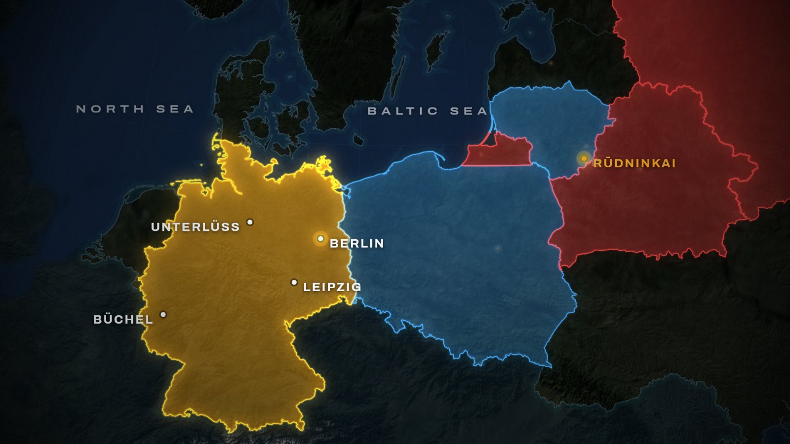 Map of the Germany army's place on NATO's eastern flank: Germany in gold, Poland and Lithuania in blue, Russia, including Kaliningrad, and Belarus in red, with Berlin, Leipzig, Unterlüß, Büchel and Rūdninkai