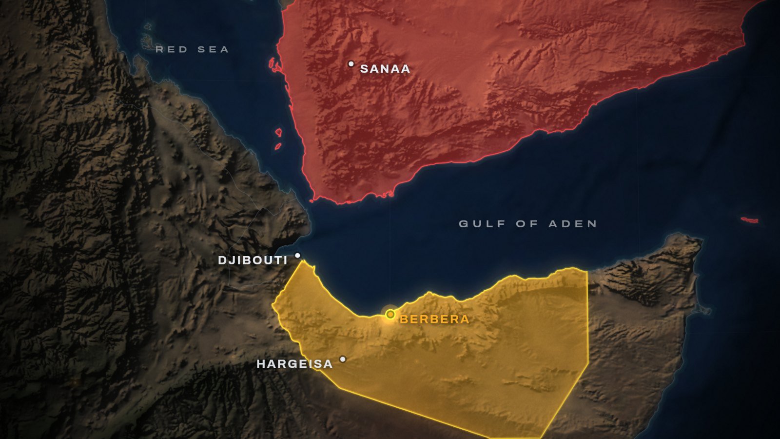 Israel Somaliland map: Somaliland in gold across the Gulf of Aden from Yemen in red, with Berbera, Hargeisa, Djibouti and Sanaa marked