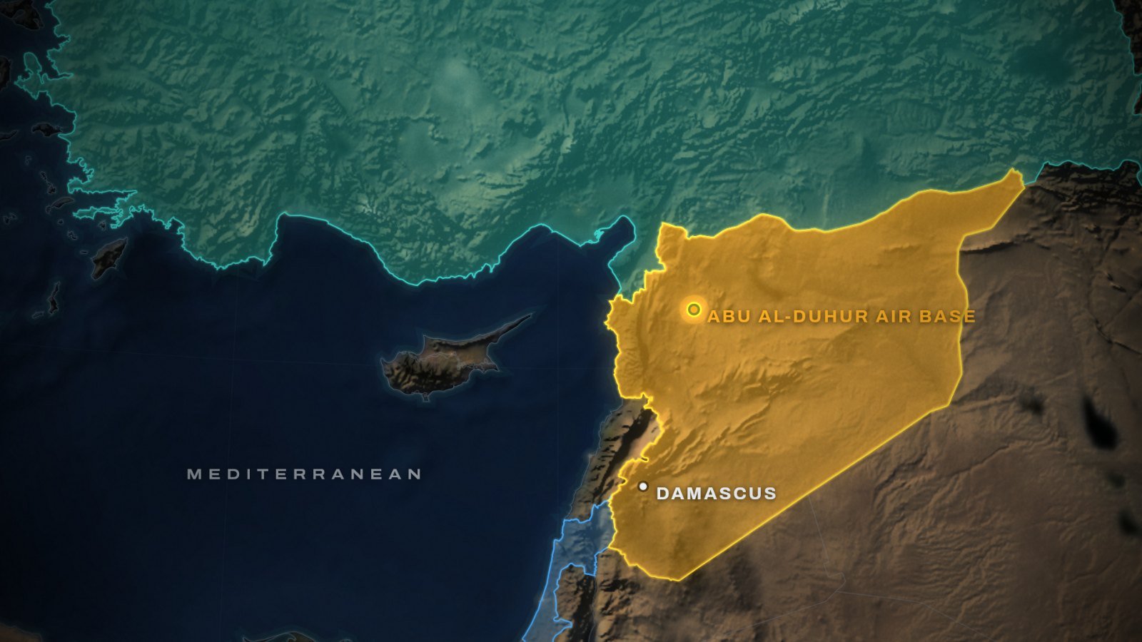 Israel vs Turkey map: Turkey in teal, Syria in gold and Israel in blue, with Abu al-Duhur air base, Damascus, Cyprus and the eastern Mediterranean