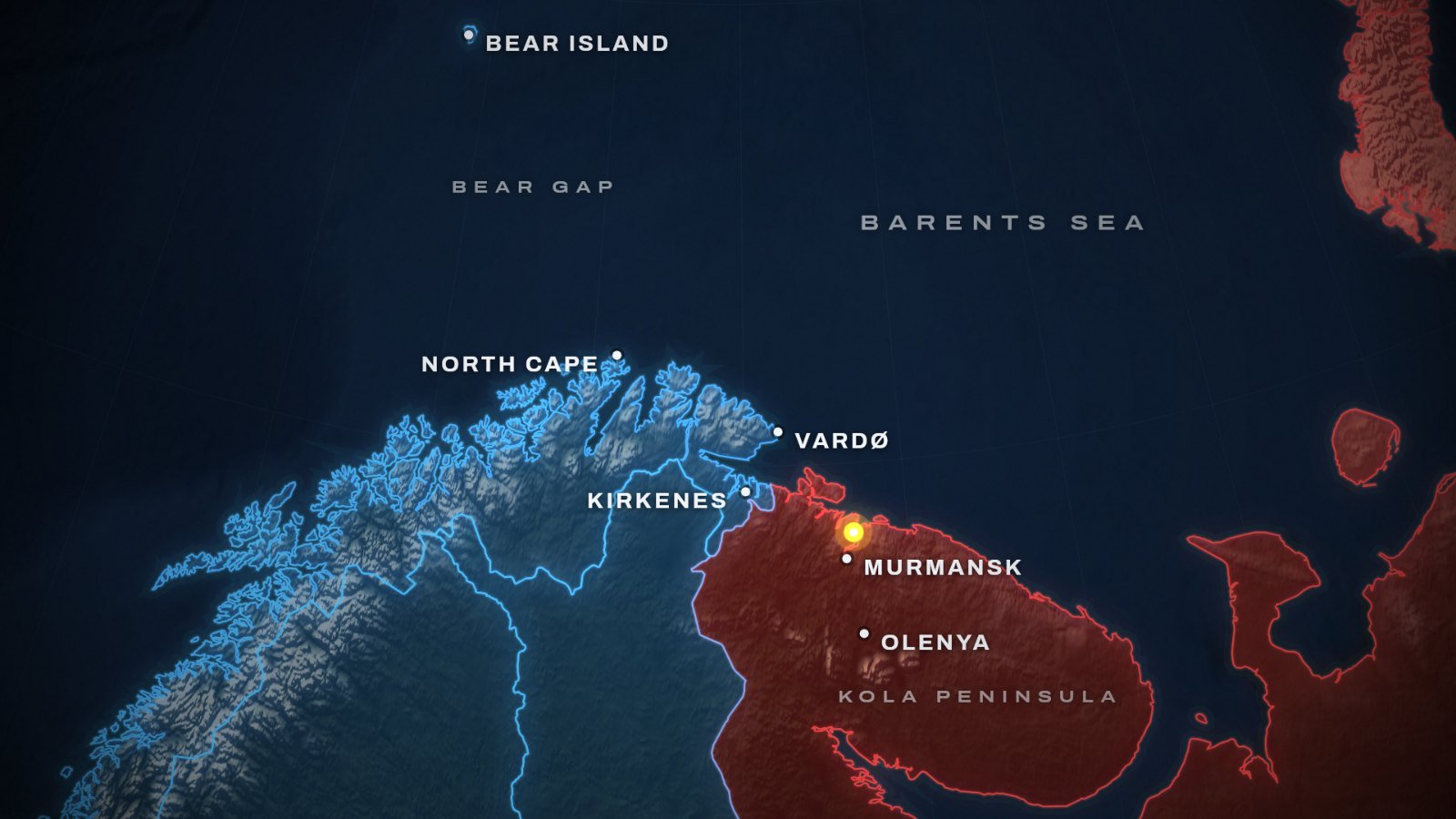 Map of the Kola Peninsula and northern Norway, with Murmansk, Olenya, Kirkenes, Vardø, the North Cape, Bear Island, the Bear Gap and the Barents Sea