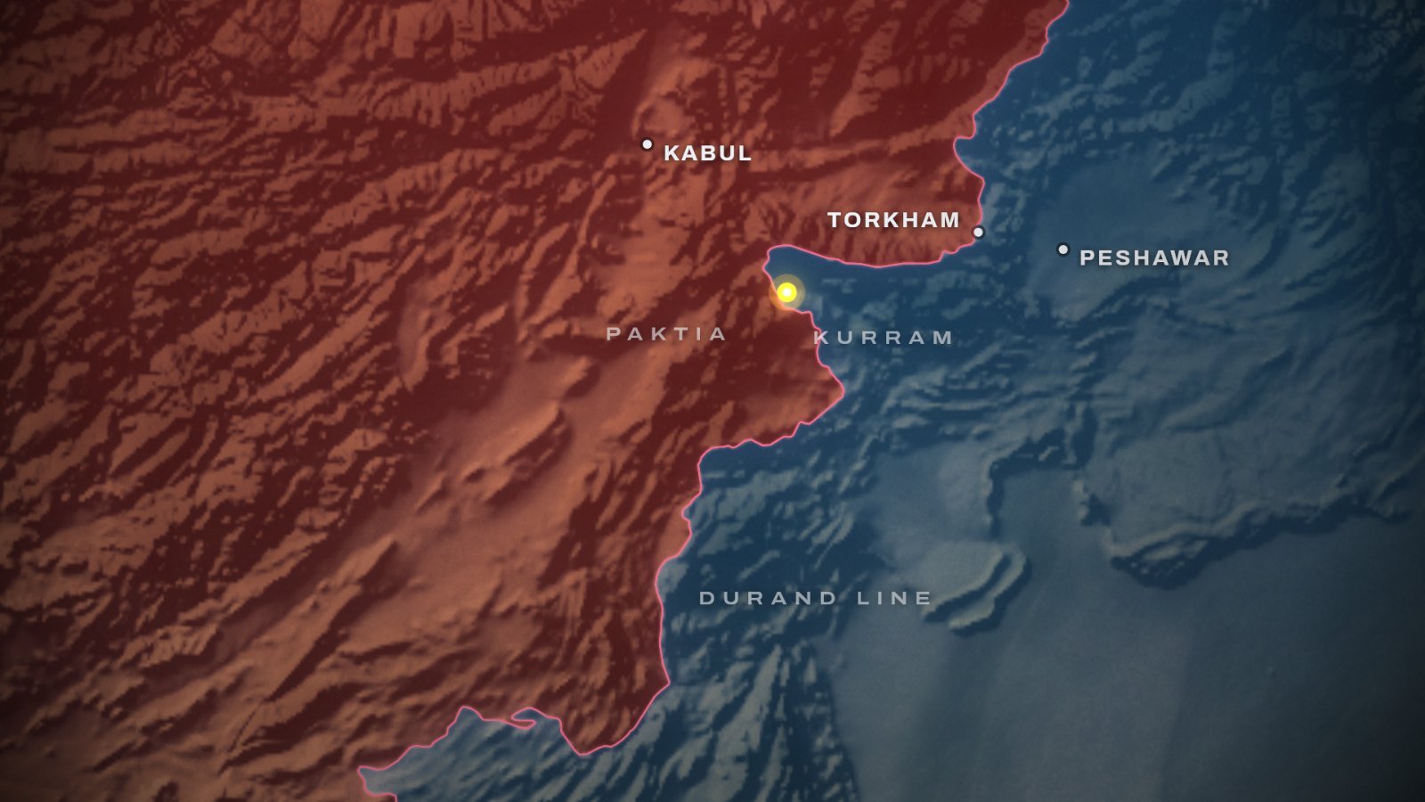 Pakistan Afghanistan war map: Afghanistan in red and Pakistan in blue along the Durand Line, with Kabul, Torkham, Peshawar, Paktia and Kurram labelled and a gold marker at the Kurram front