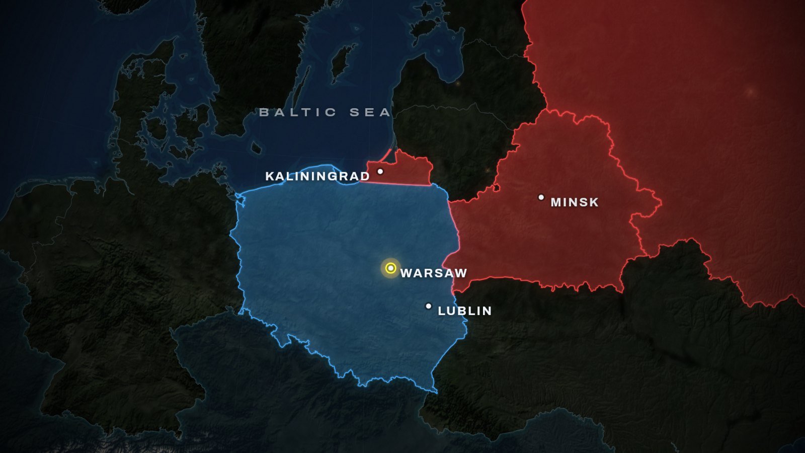 Map of the Poland army's eastern front: Poland in blue, Belarus and Russia, including Kaliningrad, in red, with Warsaw, Lublin, Minsk and the Baltic Sea
