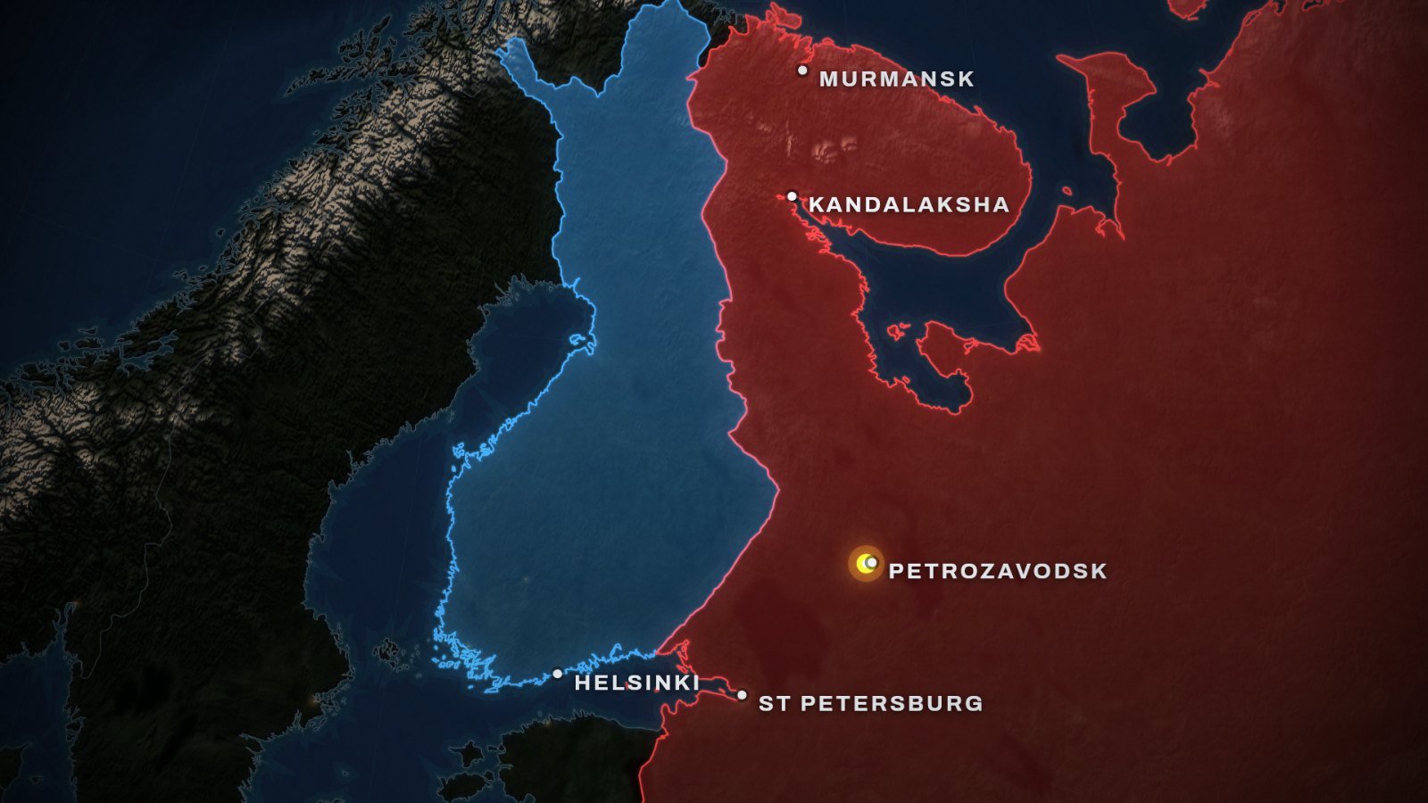 Map of the Russia Finland border from the Gulf of Finland to the Arctic, with Helsinki, St Petersburg, Petrozavodsk, Kandalaksha and Murmansk