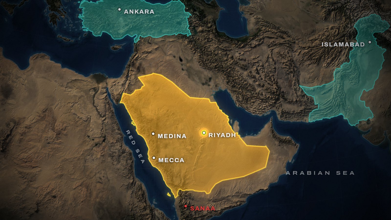 Map of the Saudi-Pakistan defence pact: Saudi Arabia in gold with Mecca, Medina and Riyadh; Turkey and Pakistan in teal with Ankara and Islamabad; Sanaa in Yemen