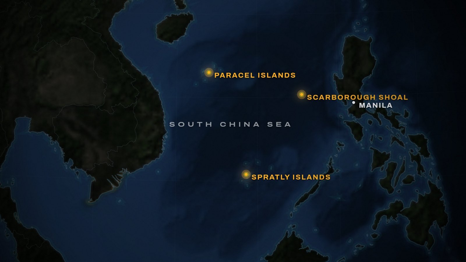 South China Sea dispute map: the Paracel Islands, the Spratly Islands and Scarborough Shoal marked in gold, between Vietnam and the Philippines, with Manila