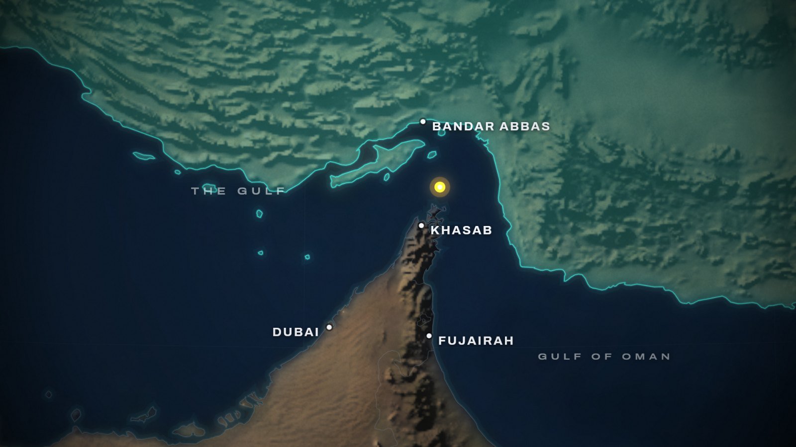 Strait of Hormuz map: Iran in teal to the north, Oman's Musandam peninsula with Khasab to the south, and Bandar Abbas, Dubai and Fujairah, between the Gulf and the Gulf of Oman