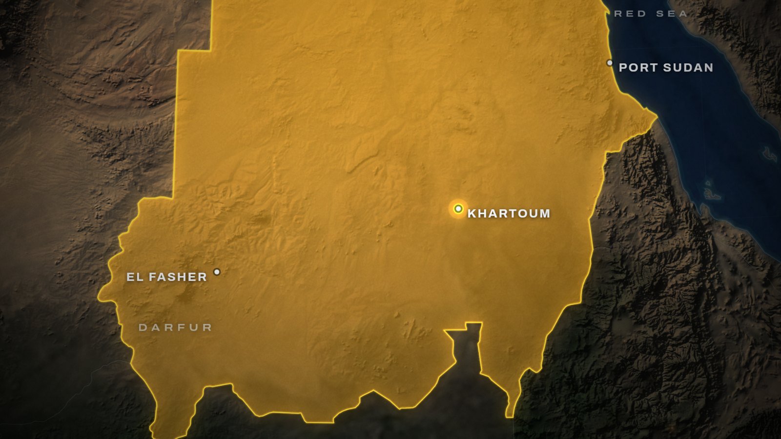 Sudan war explained on a map: Sudan in gold, with Khartoum ringed, Port Sudan on the Red Sea coast and El Fasher in the Darfur region