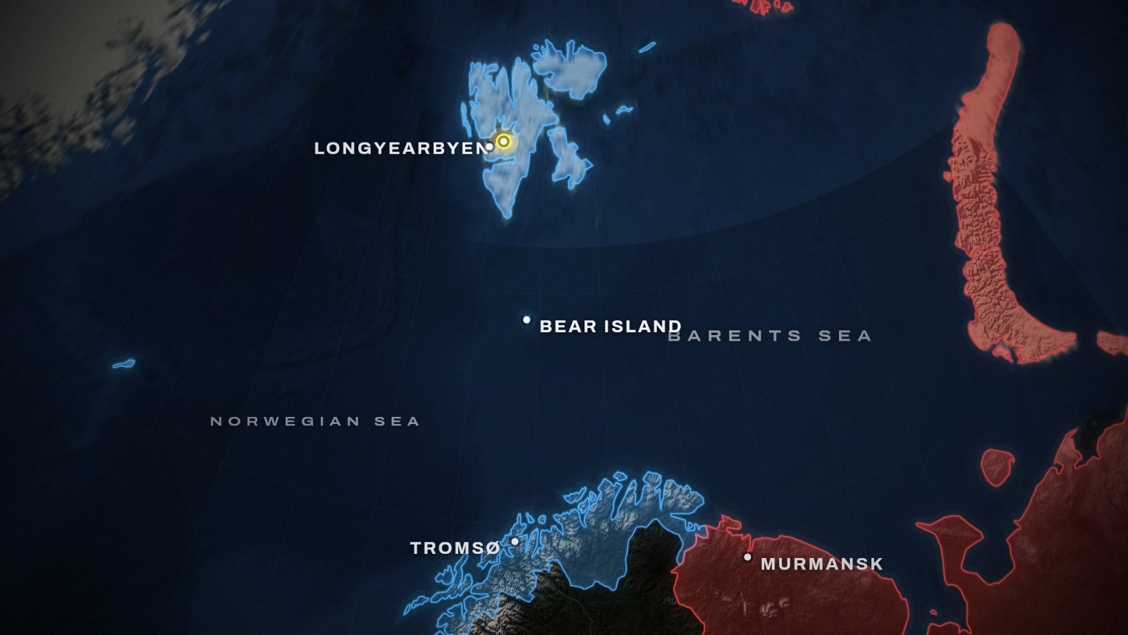 Map of Svalbard and northern Norway in blue and Russia in red, with Longyearbyen ringed, Bear Island, Tromsø, Murmansk, the Barents Sea and the Norwegian Sea