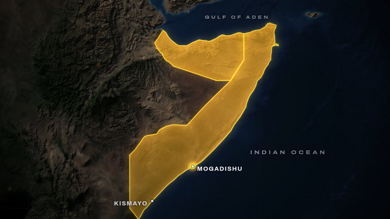 Map for Turkey Somalia ties: Somalia's Indian Ocean coast with Mogadishu and Kismayo, and Somaliland in the north on the Gulf of Aden