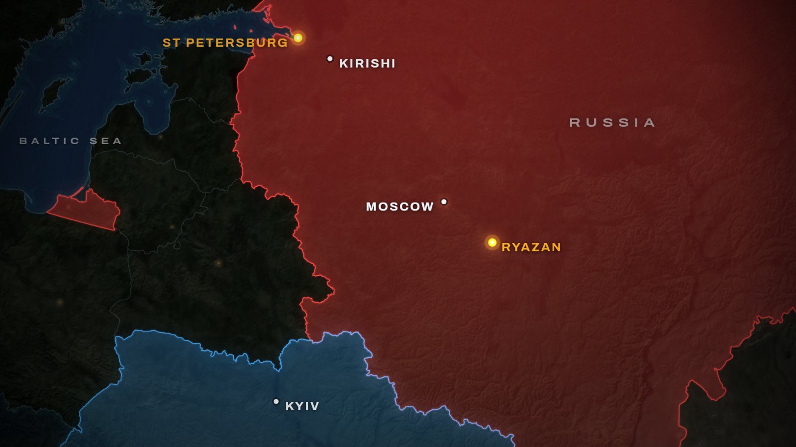 Map of Ukraine's refinery strikes: Russia in red and Ukraine in blue, with gold dots on St Petersburg and Ryazan, and Kirishi, Moscow and Kyiv marked