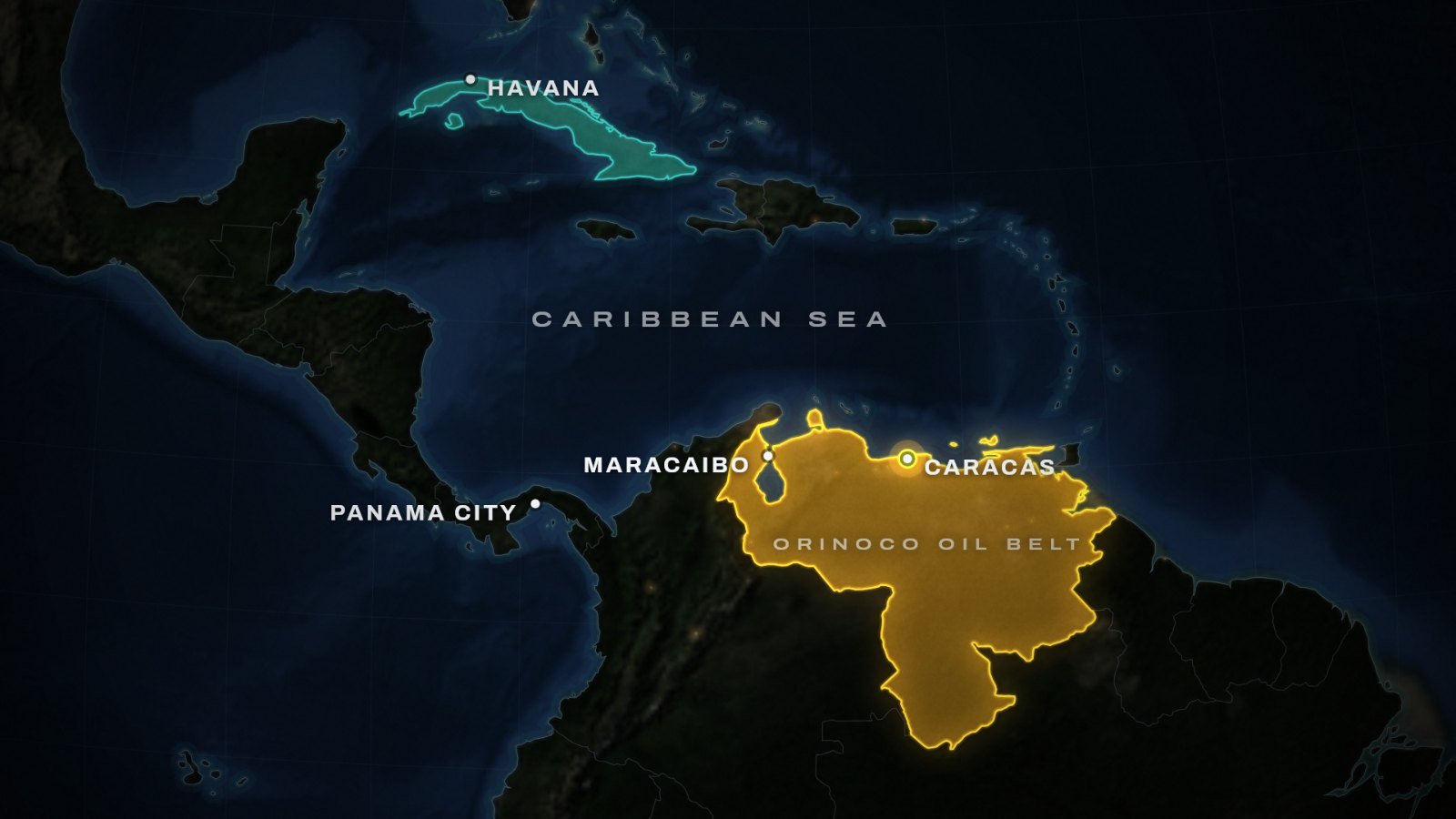 Map of Venezuela after Maduro's capture: Venezuela in gold with Caracas marked, Maracaibo and the Orinoco oil belt, Cuba in teal to the north-west and Panama City to the west, across the Caribbean Sea