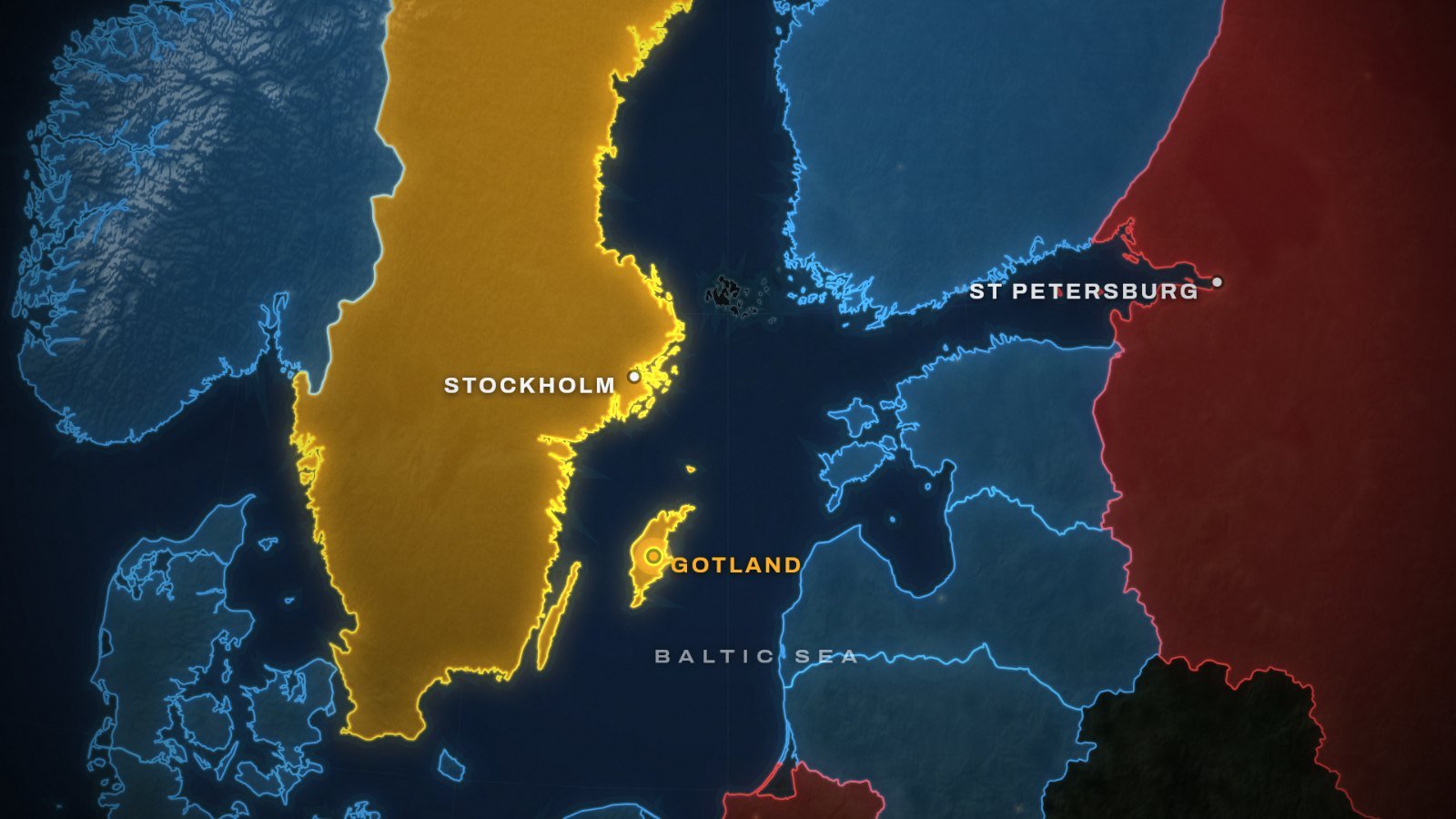 Map of the Baltic Sea showing what Sweden's decision to join NATO changed: Sweden in gold, Gotland ringed, Stockholm, St Petersburg, NATO members in blue and Russia in red