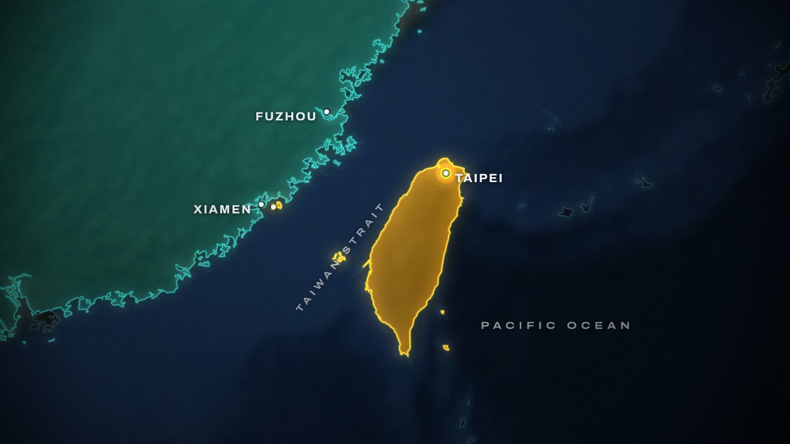 Map explaining why does China want Taiwan: Taiwan in gold and China in teal across the Taiwan Strait, with Taipei, Fuzhou, Xiamen and Kinmen marked and the Pacific Ocean to the east