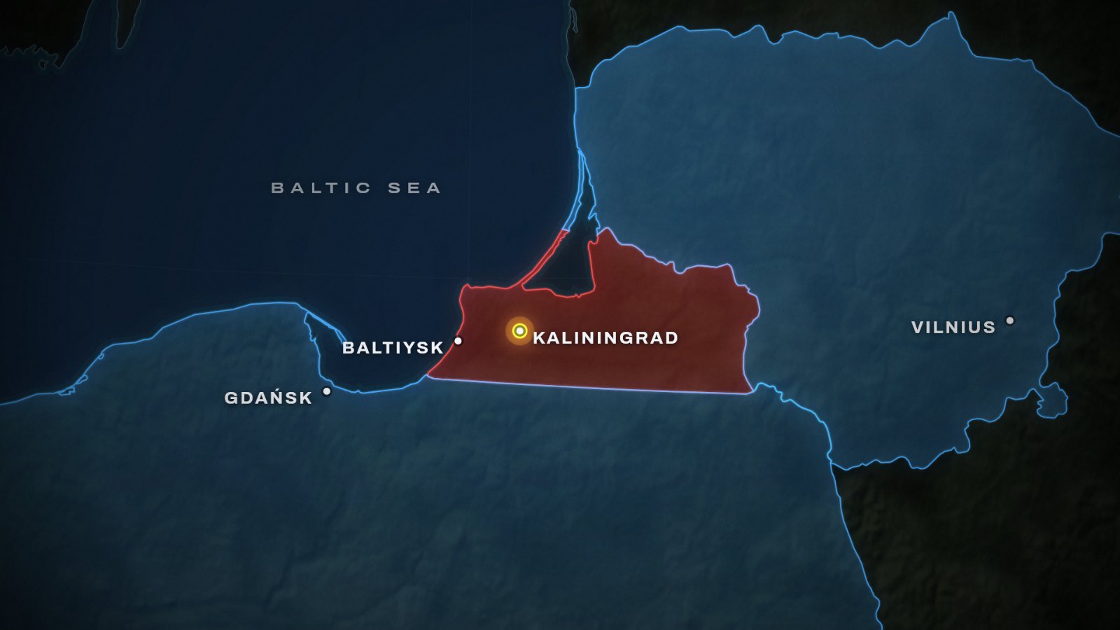 Map showing why Russia owns Kaliningrad: the Russian exclave in red on the Baltic Sea between Poland and Lithuania in blue, with Kaliningrad city, Baltiysk, Gdańsk and Vilnius