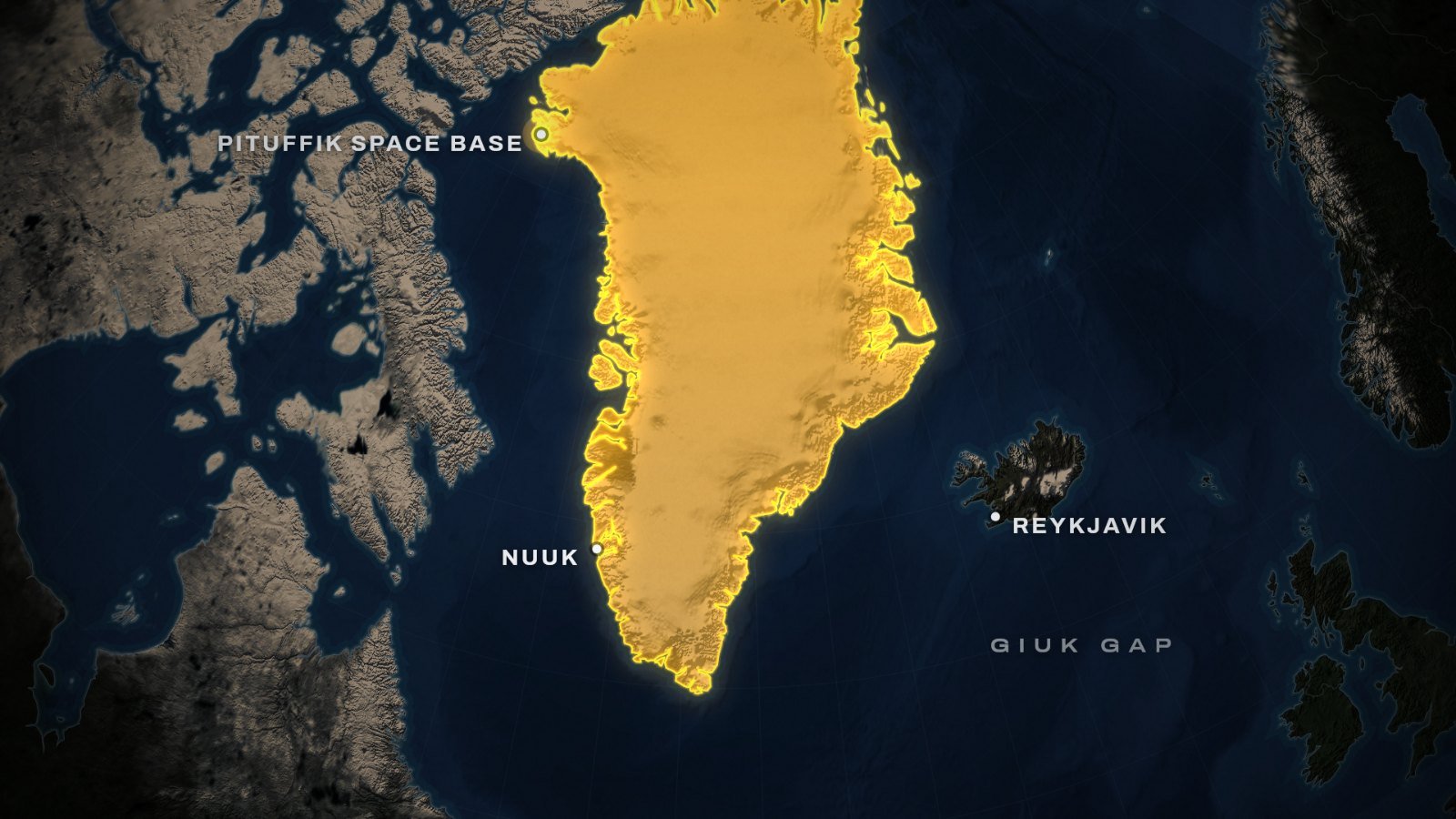 Map showing why Trump wants Greenland: Greenland in gold, with Pituffik Space Base in the far north-west, Nuuk on the west coast, and Reykjavik and the GIUK gap to the south-east