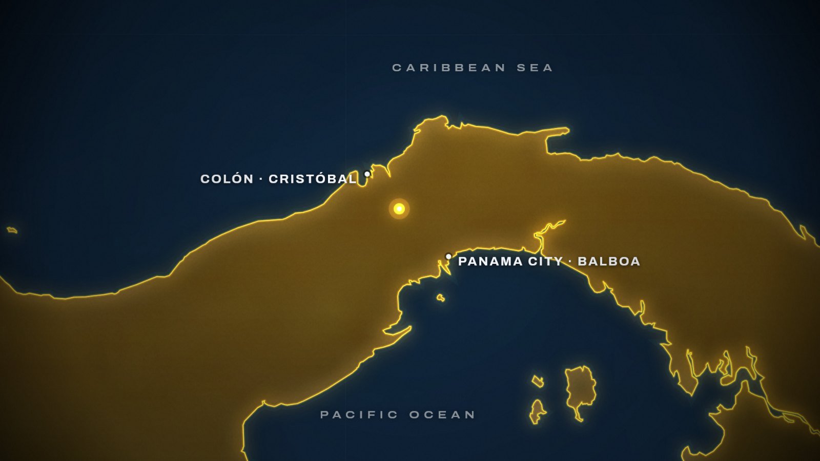 Map of the Panama Canal at the centre of Trump's demands: Panama in gold, with the Cristóbal port by Colón on the Caribbean side and the Balboa port by Panama City on the Pacific side