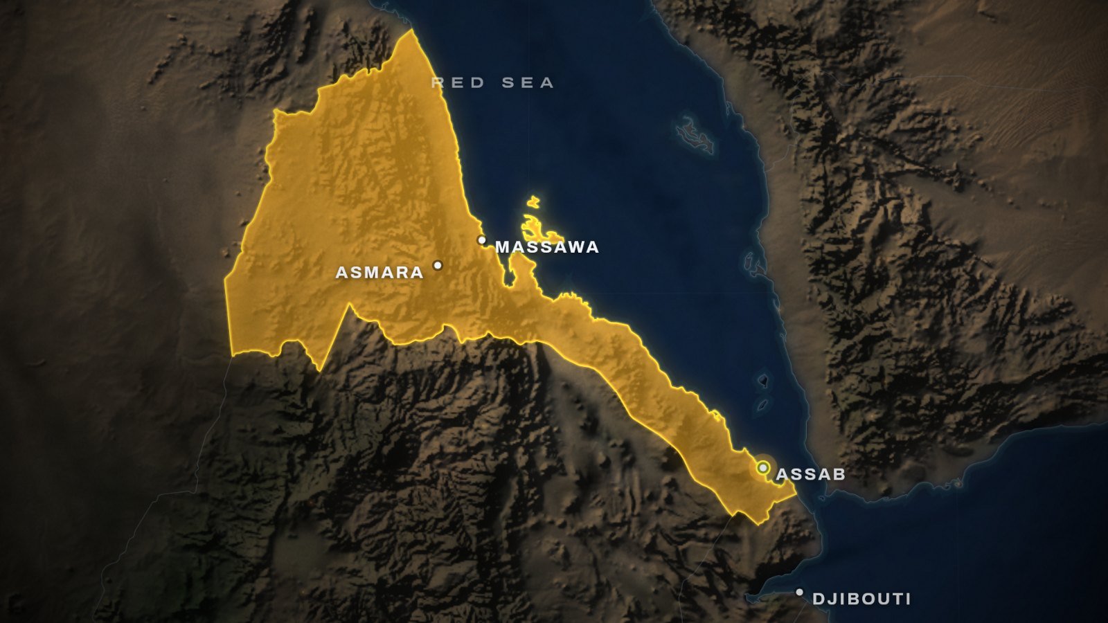 Map of Eritrea's Red Sea coast: Asmara inland, the ports of Massawa and Assab, and Djibouti to the south