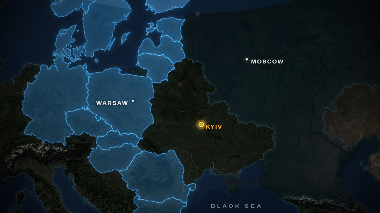 Map of Ukraine between NATO and Russia: NATO members in blue, Kyiv ringed in gold, Moscow, Warsaw and the Black Sea, with Ukraine, Belarus and Russia unshaded