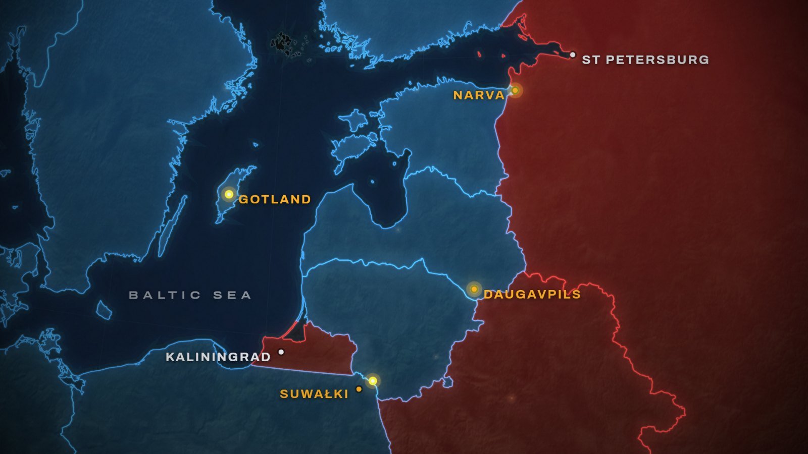 Map of where Russia could attack NATO first: Russia, including Kaliningrad, and Belarus in red, NATO members in blue, with gold markers on Narva, Daugavpils, the Suwałki Gap and Gotland
