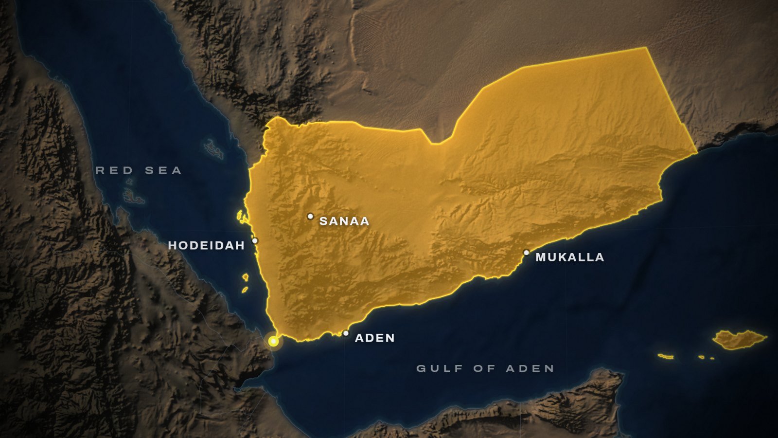 Yemen war map: Yemen in gold between the Red Sea and the Gulf of Aden, with Sanaa, Hodeidah, Aden and Mukalla, and the Bab el-Mandeb strait marked by a gold dot